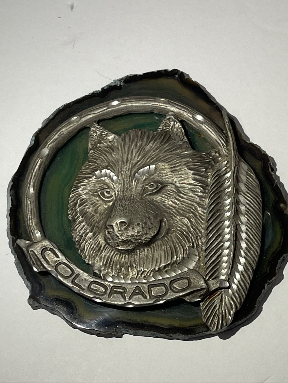 Rare Vintage Colorado Wolf Silvertone on Slice of Natural Agate Blue Green Slab